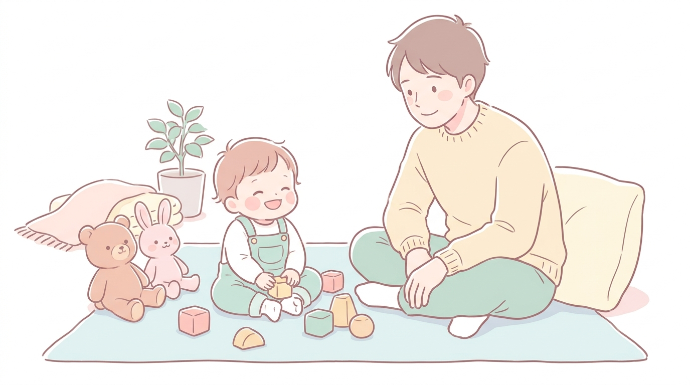 リビングで積み木やぬいぐるみで楽しそうに遊ぶ1歳児と寄り添う父親の温かい風景