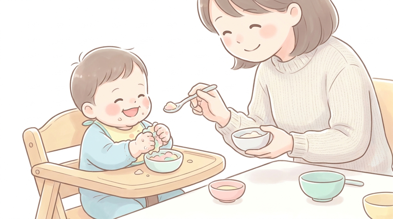 ハイチェアに座って手づかみ食べを楽しむ1歳児と、笑顔でスプーンを差し出す母親の食卓