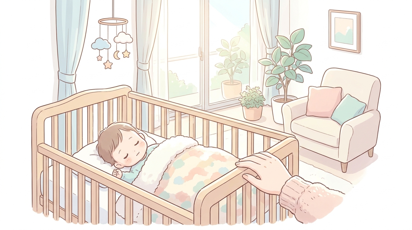 明るいリビングのベビーベッドで穏やかに眠る1歳前後の赤ちゃんと、優しく見守るママの手元