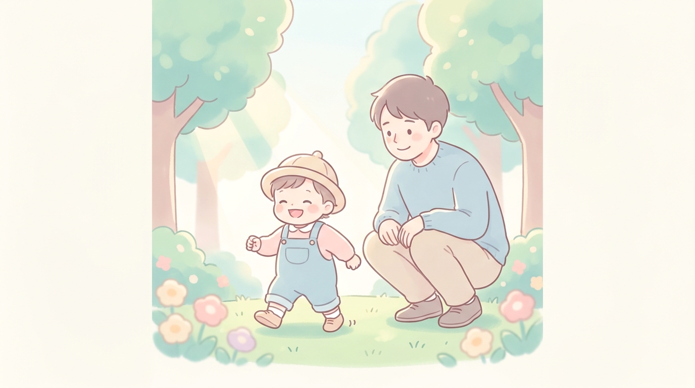 公園の芝生で楽しそうに歩き回る1歳児と、隣でしゃがんで見守るパパ。午前中の日差しが優しい雰囲気