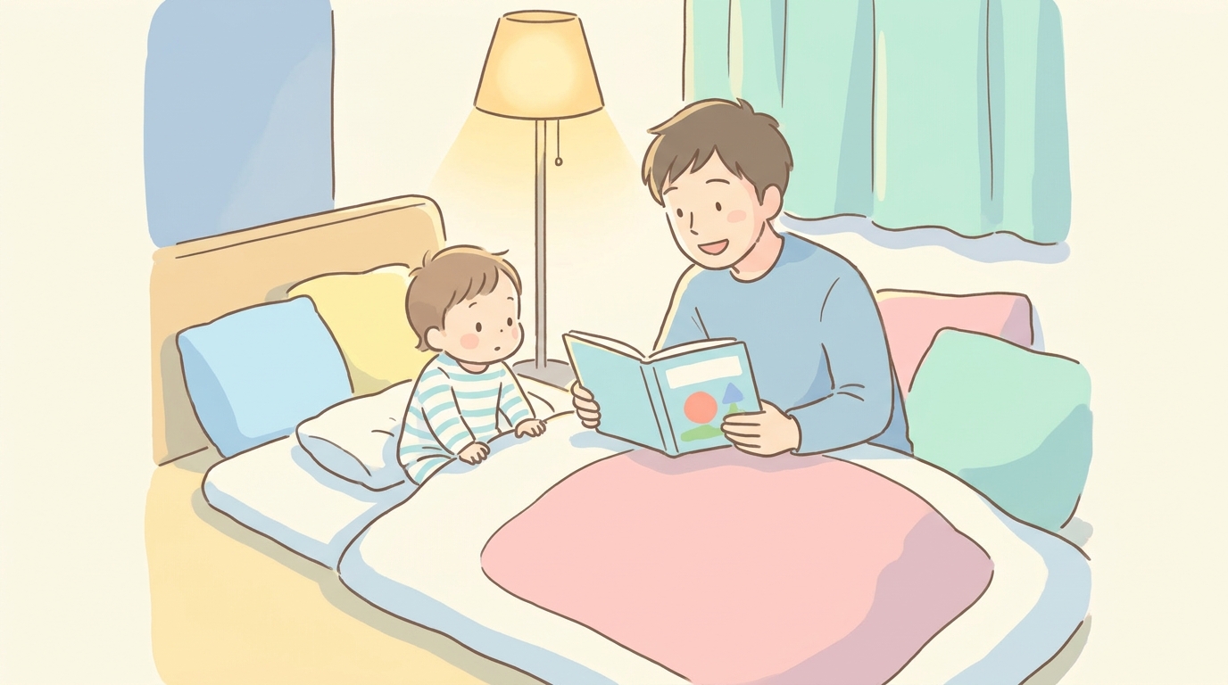 暖色系の間接照明の下で、パジャマを着た1歳児に絵本を読み聞かせる父親の様子
