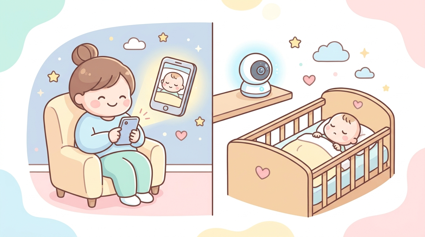 ベビーベッドの隣で見守りカメラを設置し、別室から子どもの様子をスマートフォンで確認する保護者