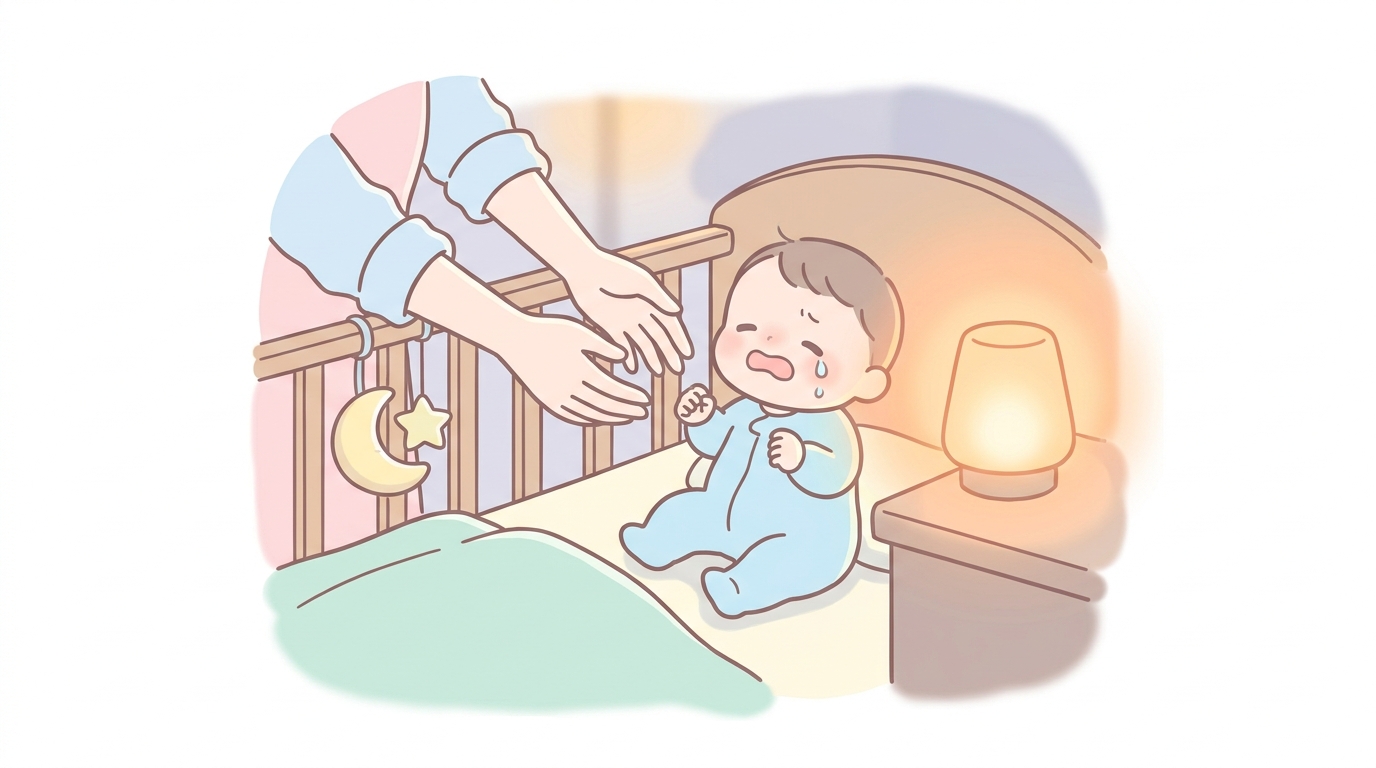 夜中にベビーベッドで泣いている1歳の子どもを優しく見守る母親の手元、温かみのある間接照明の寝室