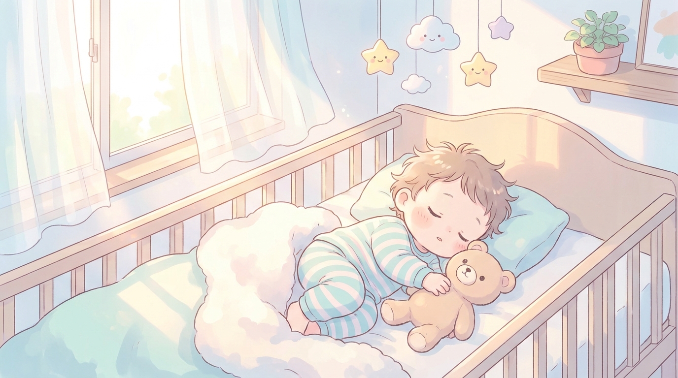 お気に入りのぬいぐるみを抱きしめて眠る1歳児、柔らかな朝日が差し込む子ども部屋