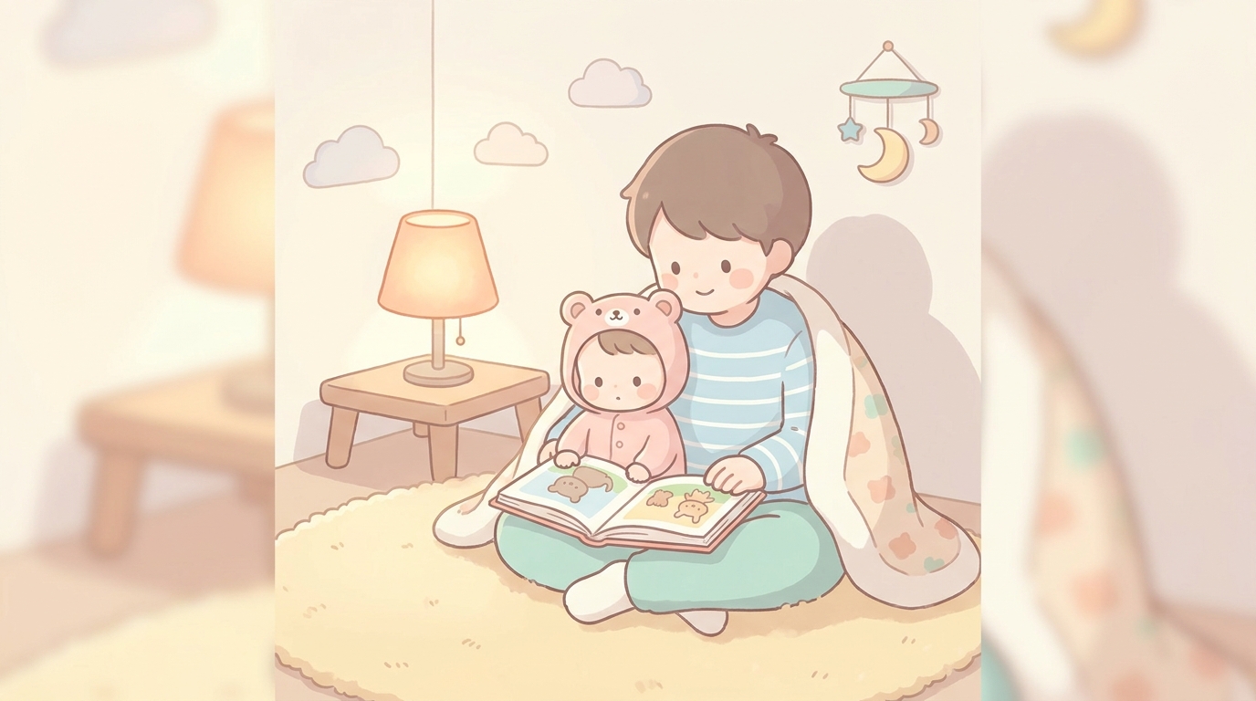 夕方の落ち着いた明かりの中、親子で絵本を読んでいる和やかな就寝前のシーン