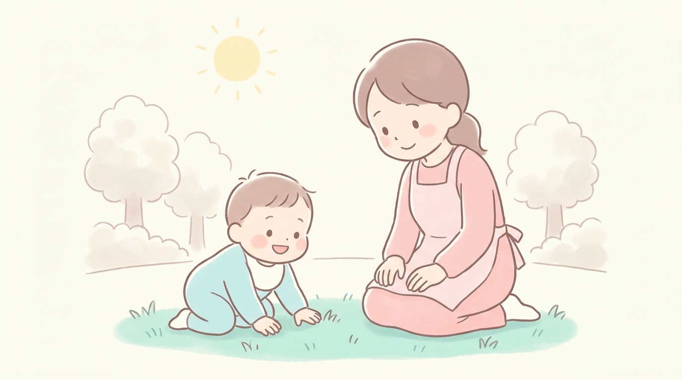 晴れた日の公園で初めて芝生に触れて笑顔を見せる1歳の赤ちゃんとそばで見守る母親