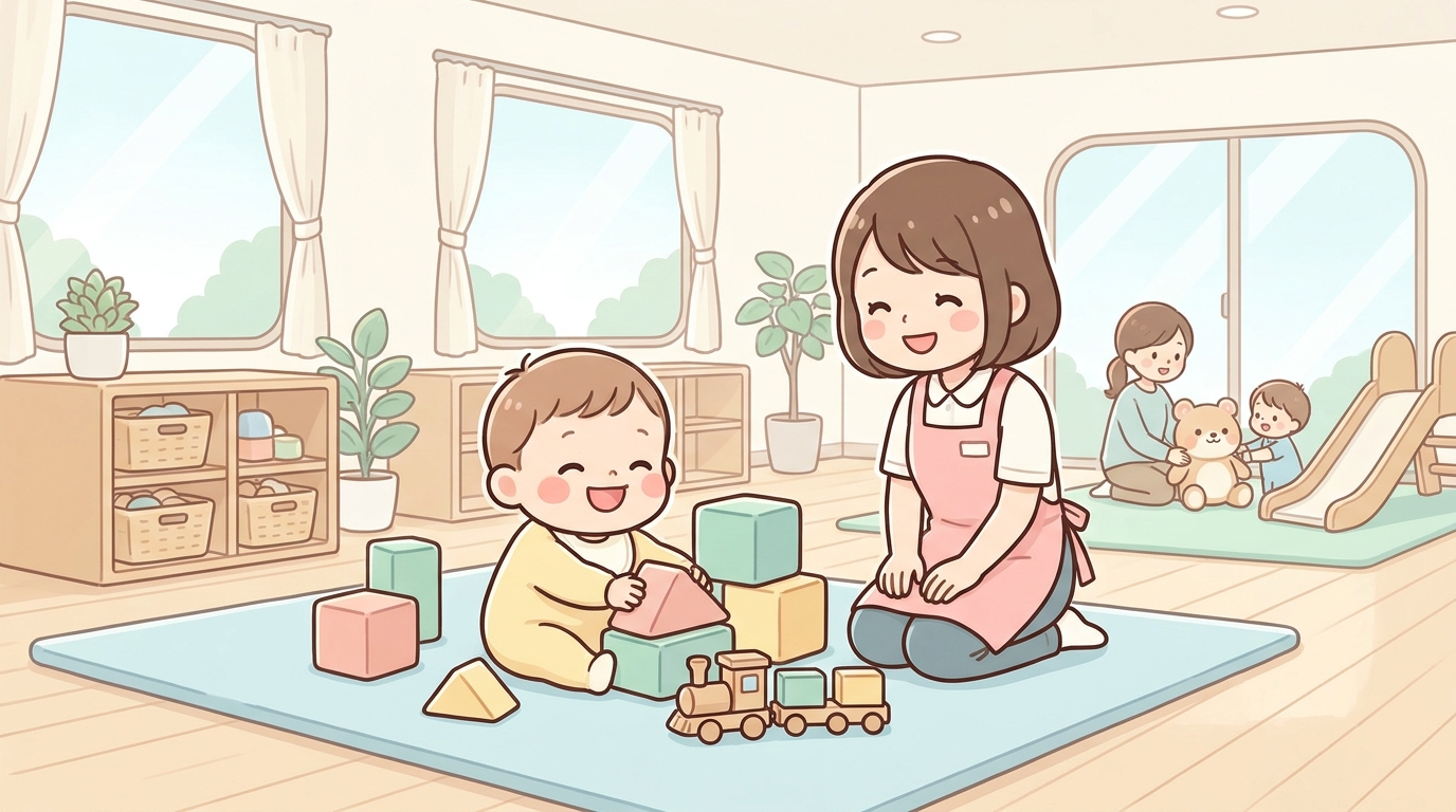 子育て支援センターの室内で他の親子と一緒におもちゃで遊ぶ1歳児とにこやかなスタッフ