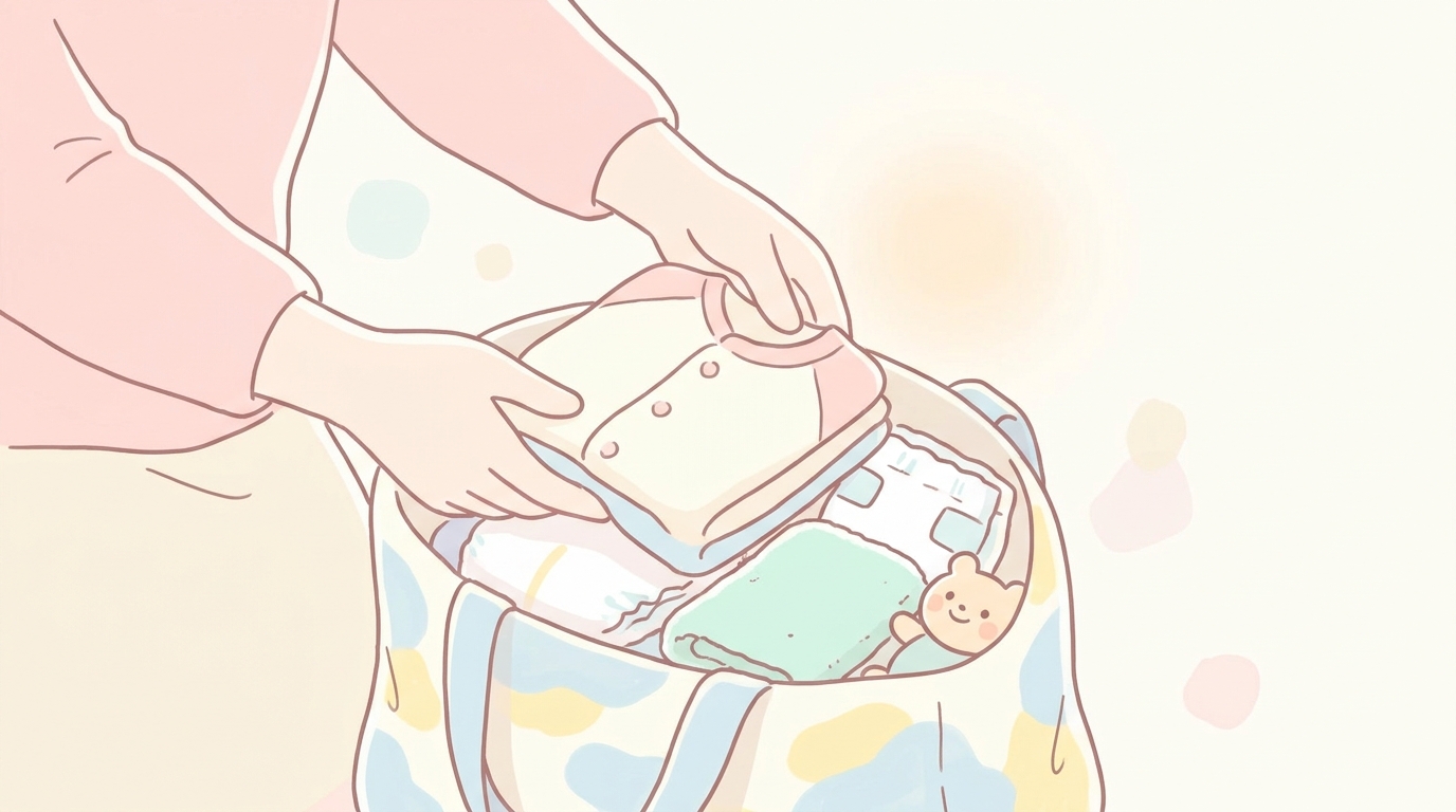 お出かけ用のバッグにオムツや着替えなどの持ち物を準備している母親の手元のアップ