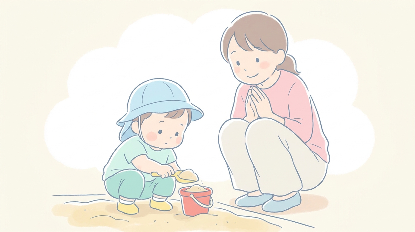 スコップで砂をすくいバケツに入れようと夢中になる1歳児と、隣で見守る母親