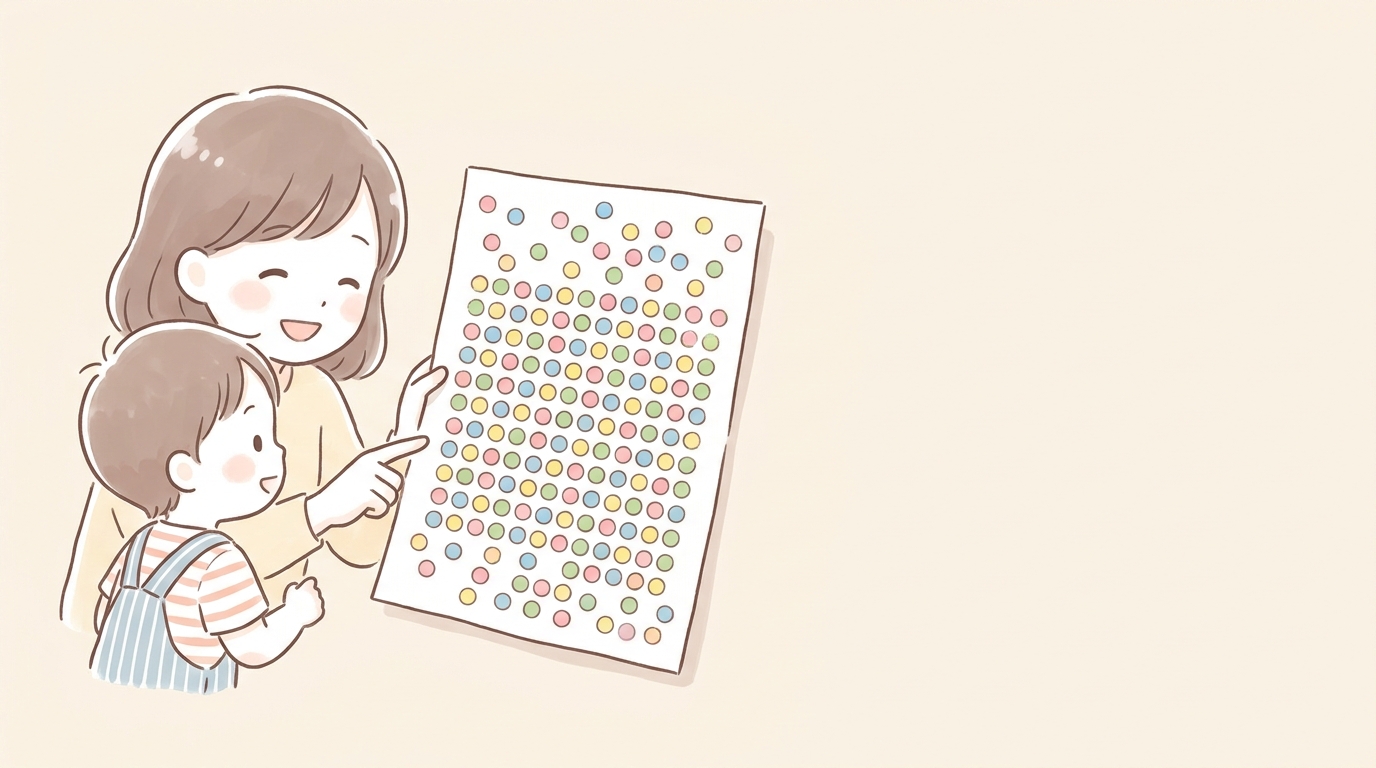 色とりどりの丸シールがぎっしり貼られた手作りの台紙と、それを見て笑顔の親子