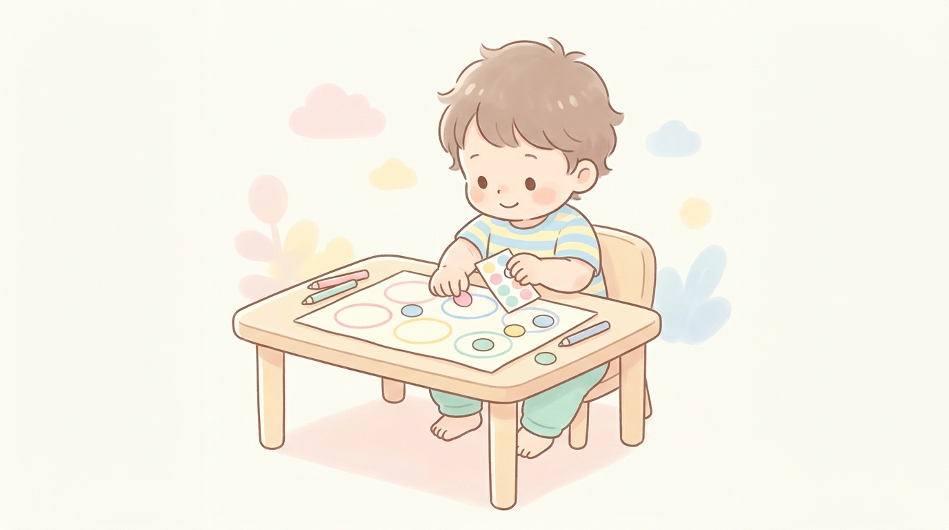 紙に描かれた丸い枠の中に集中して丸シールを貼ろうとしている1歳後半の子どもの様子