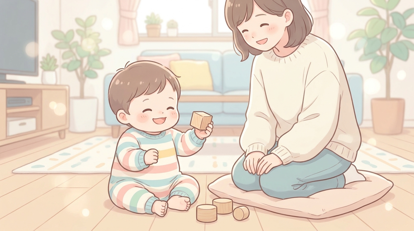 リビングの床で木製の積み木を握って笑顔で遊ぶ1歳の赤ちゃんと、隣で見守る母親の温かい雰囲気