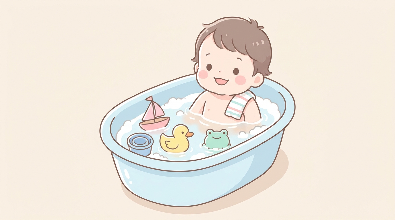 カラフルなお風呂用おもちゃが浮かぶ浴槽で、笑顔で遊ぶ1歳の赤ちゃん