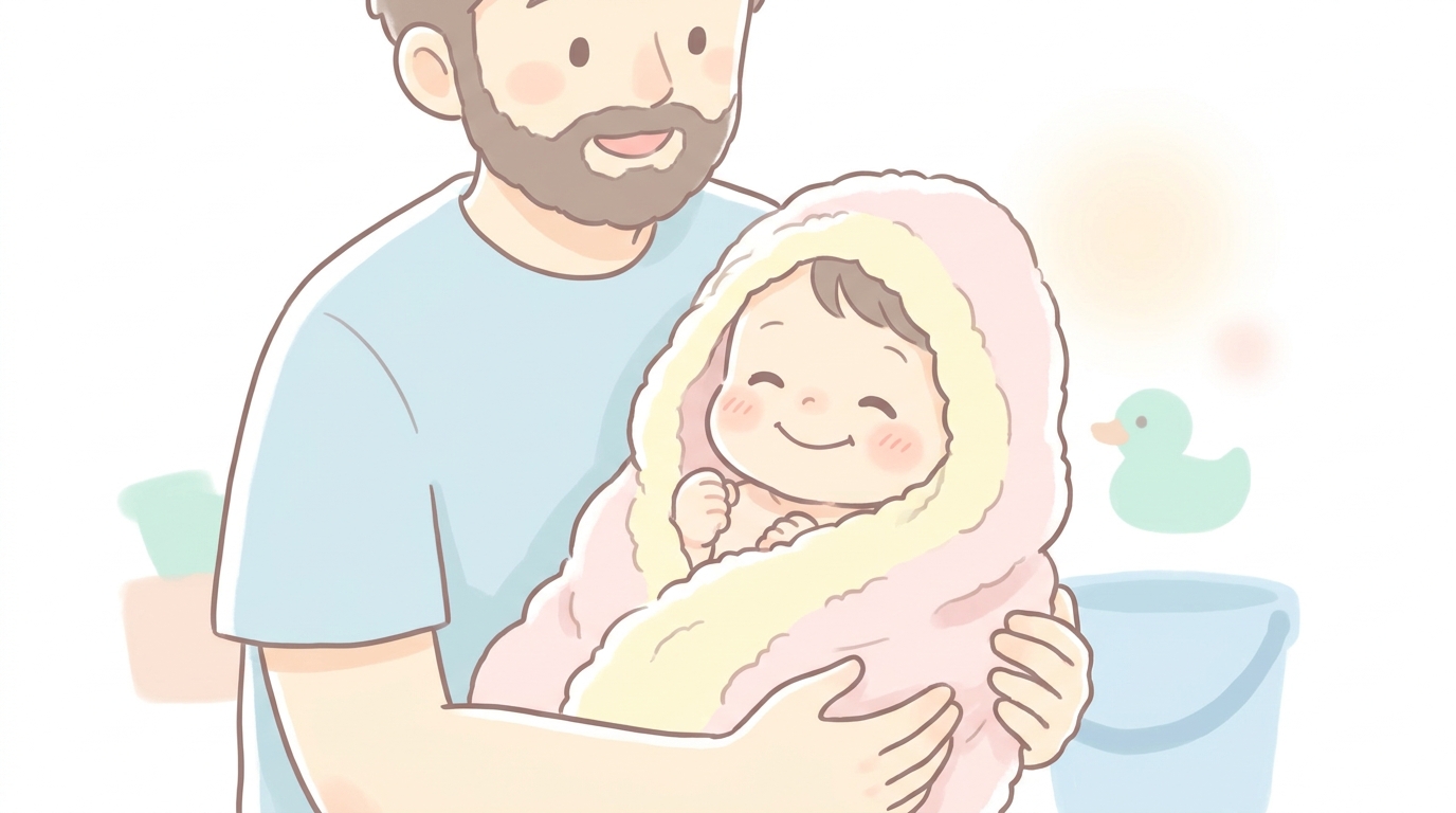 お風呂上がりにバスタオルにくるまれ、満足そうに笑う1歳の子どもと父親
