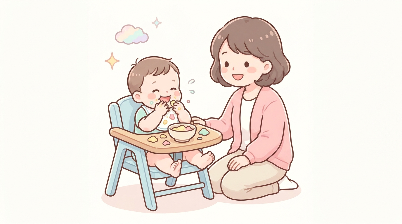 ベビーチェアに座り手づかみで食事をする1歳くらいの赤ちゃんと、笑顔で見守る母親