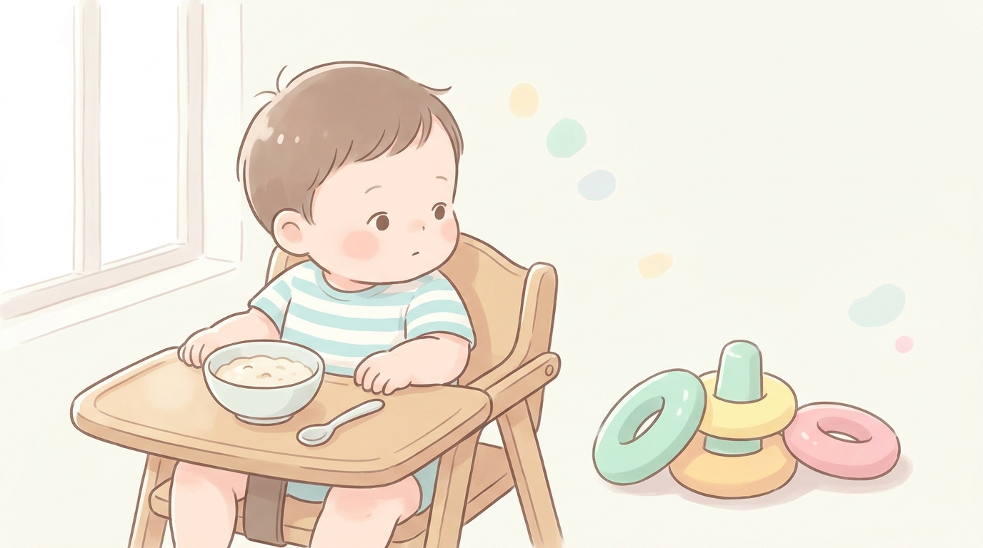 食卓で食べ物に興味を示さず、おもちゃのほうを見ている1歳児の様子