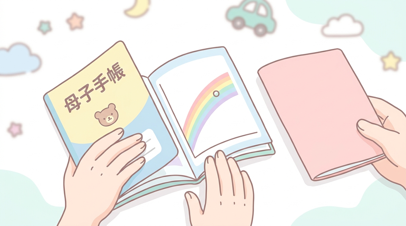 成長曲線のグラフと母子手帳を広げて確認する保護者の手元