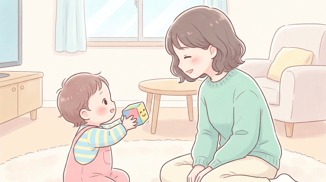 リビングでおもちゃを手に笑顔で何かを話しかける1歳の子どもと、目を合わせて優しく耳を傾ける母親