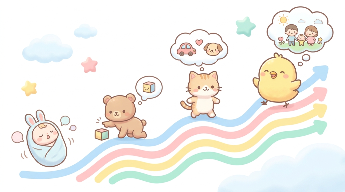 月齢ごとの言葉の発達ステップを表したやわらかい色合いのイラスト風の成長グラフ