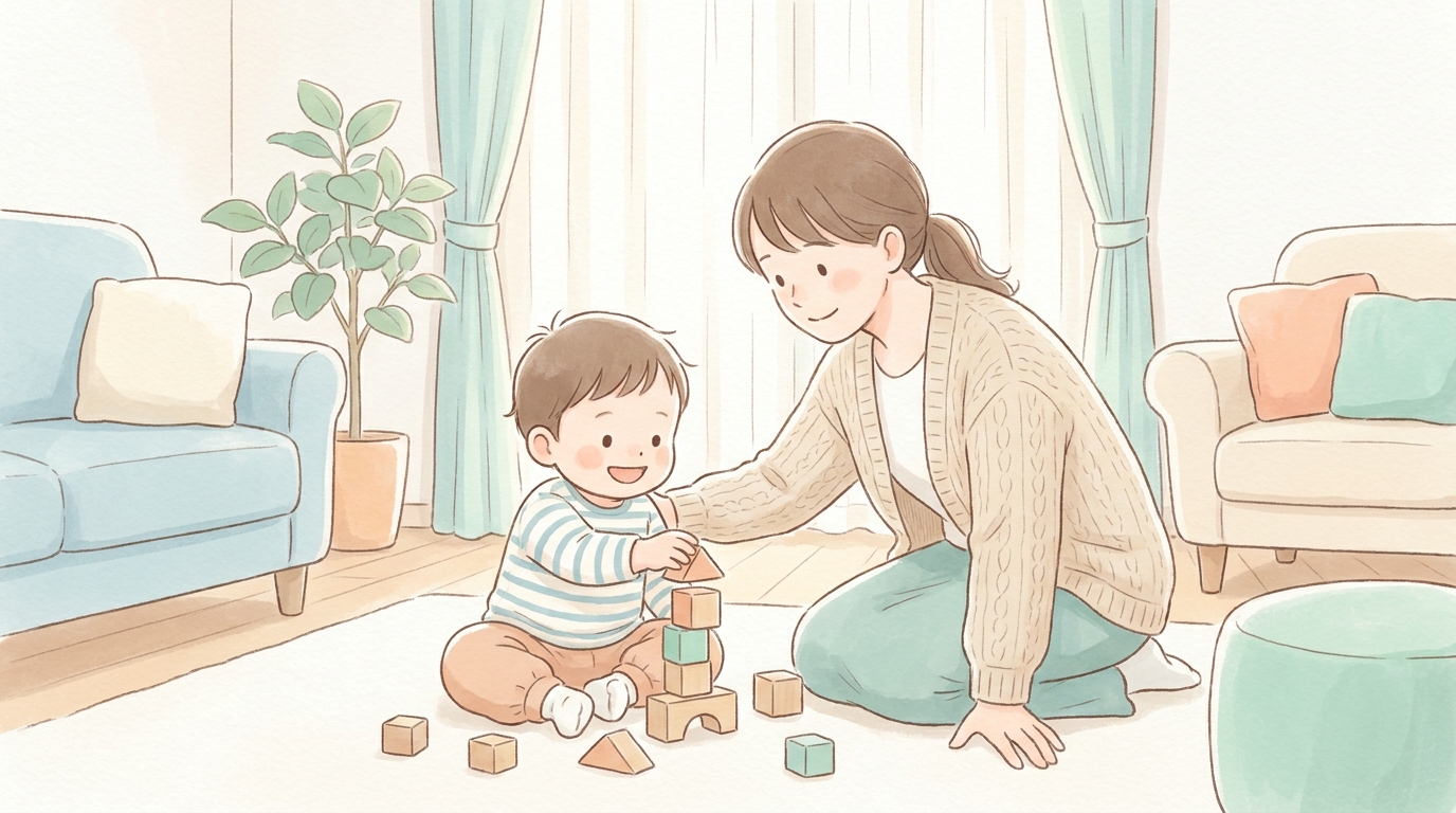木製の積み木で遊ぶ笑顔の2歳児と寄り添う母親、明るいリビング