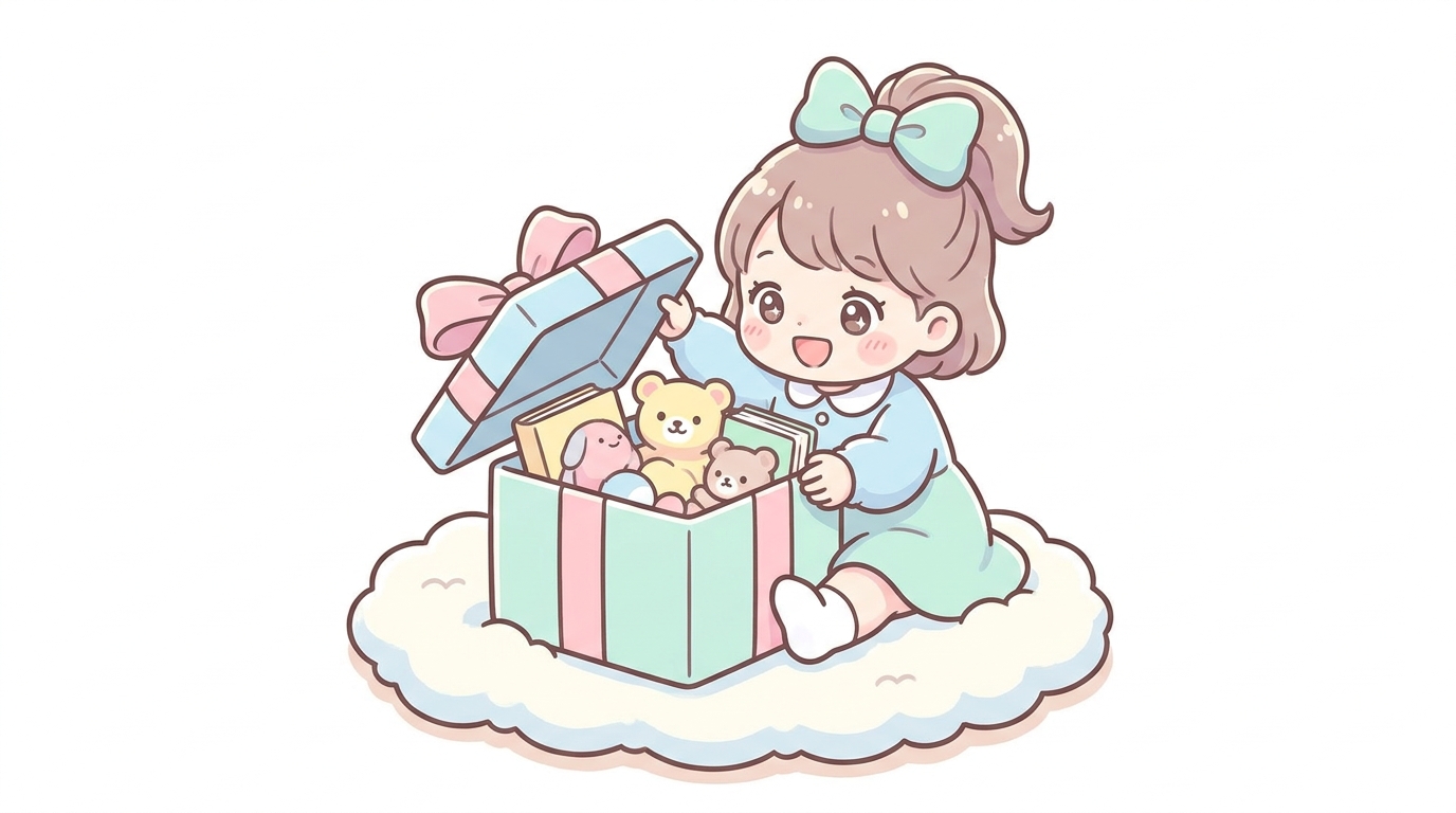 リボン付きのプレゼントの箱を開けて目を輝かせる2歳の女の子