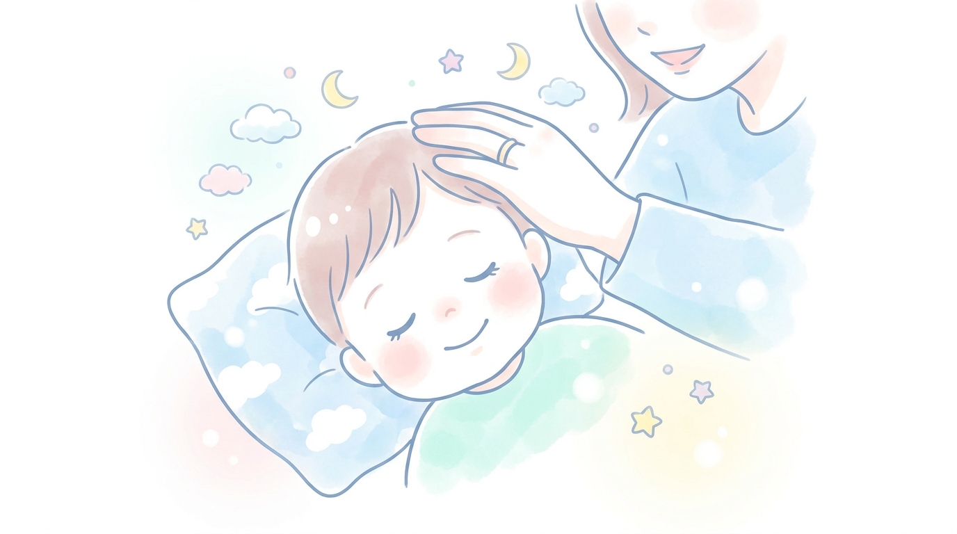 昼寝をする2歳くらいの子どもの安らかな寝顔と、そばで微笑む母親の手元