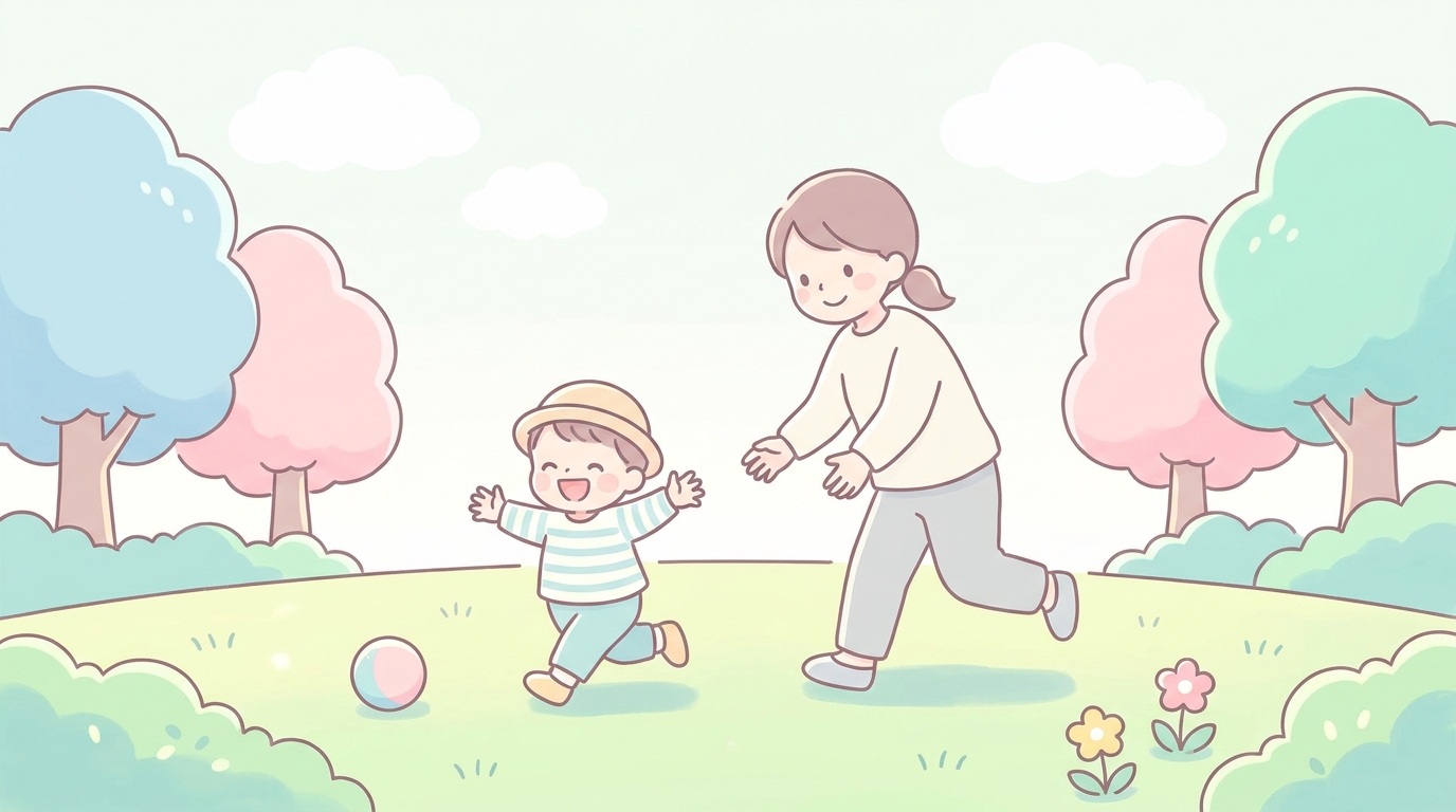 公園の芝生の上で元気に走り回って遊ぶ2歳の子どもとその親