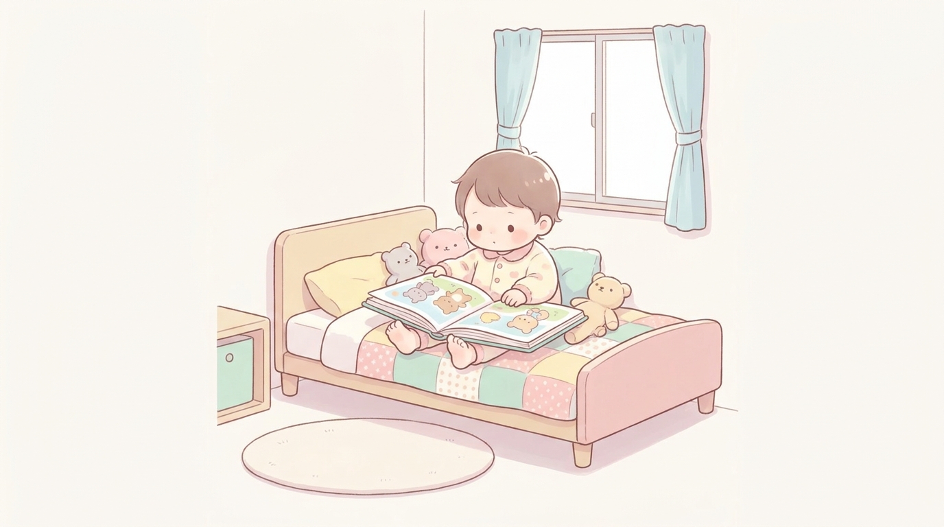 自分の部屋のベッドで絵本を広げて静かに過ごす2歳から3歳くらいの子ども