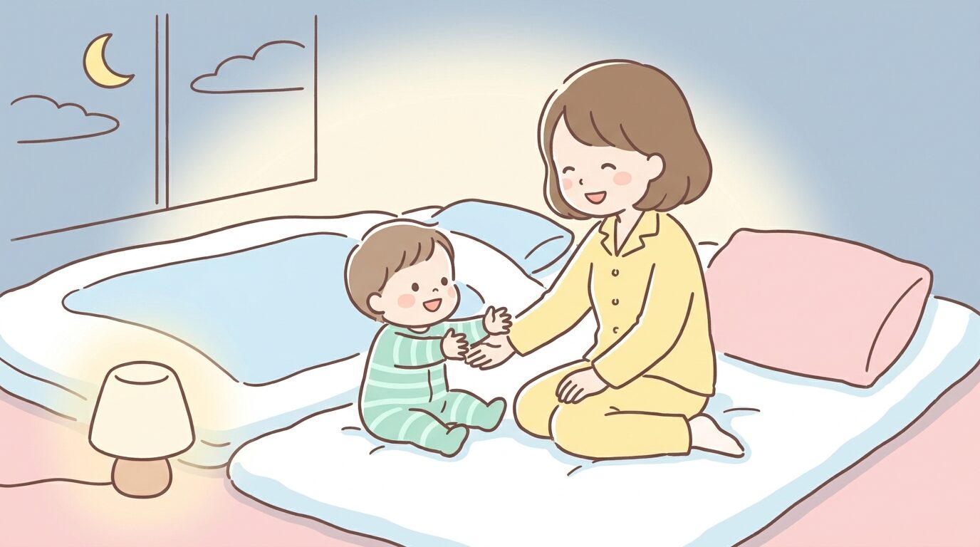 寝室の布団の上で笑顔の母親と2歳くらいの子どもが向き合っている温かい雰囲気のシーン