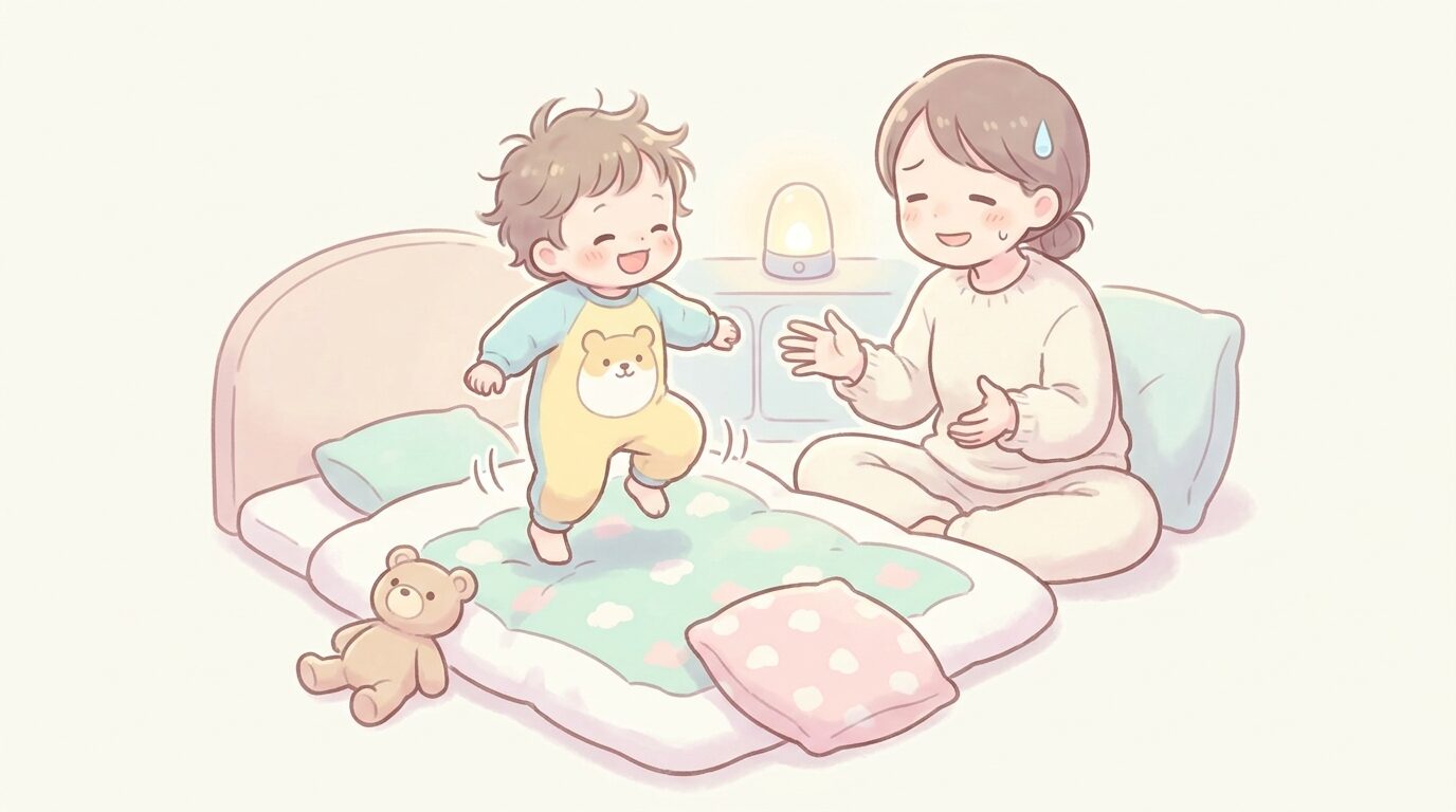 布団の上で元気に遊びたがる2歳の子どもと、少し困った表情で見守る親の様子
