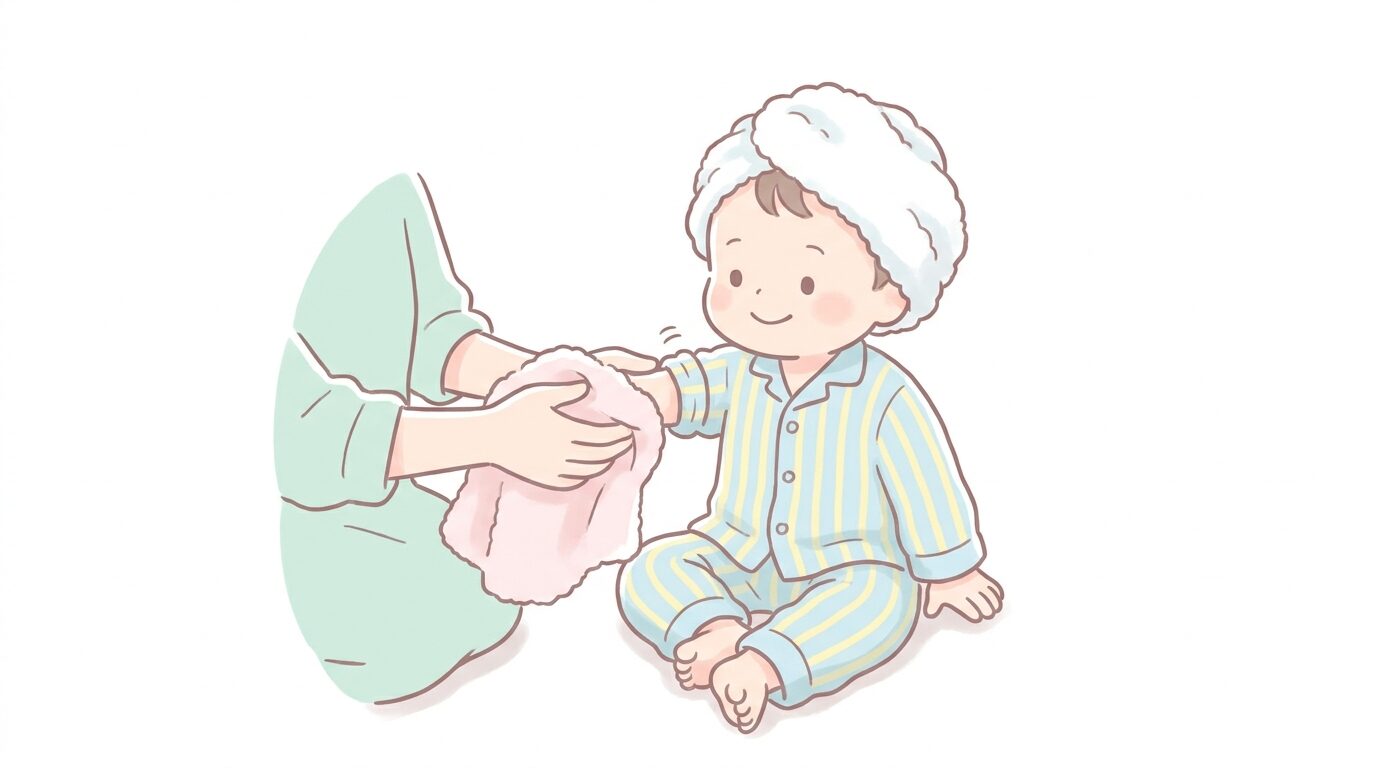 お風呂上がりにパジャマを着てリラックスした表情の2歳の子どもとタオルを持つ親の手元