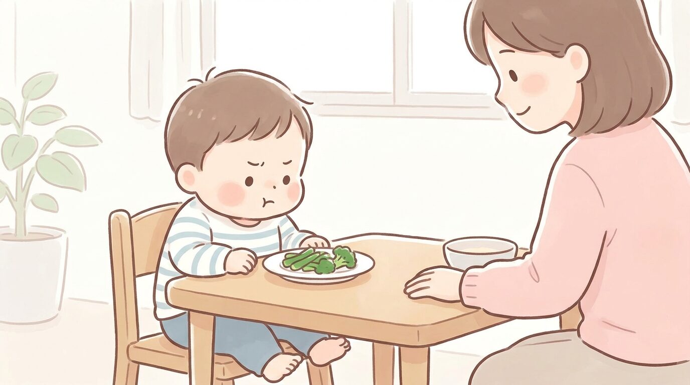 食卓で野菜を前に少し困った表情をしている2歳児と、優しく見守る母親の様子