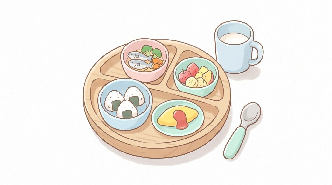 主食・主菜・副菜が小皿に彩りよく盛り付けられた幼児向けのワンプレートごはん