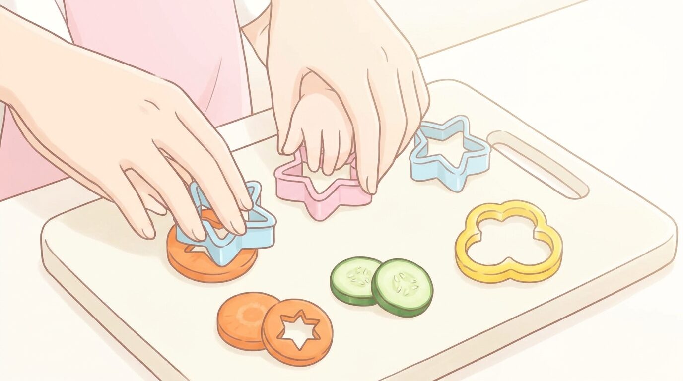 クッキー型で野菜を星やハートの形に型抜きしている親子の手元のアップ