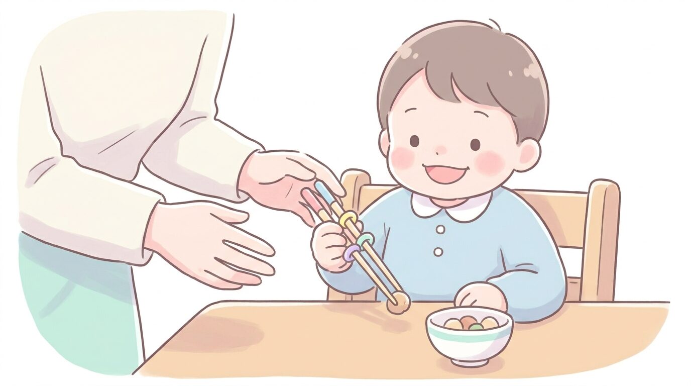 食卓で子ども用のお箸を握りしめて笑顔を見せる2歳くらいの幼児と、隣で優しく見守る母親の手元