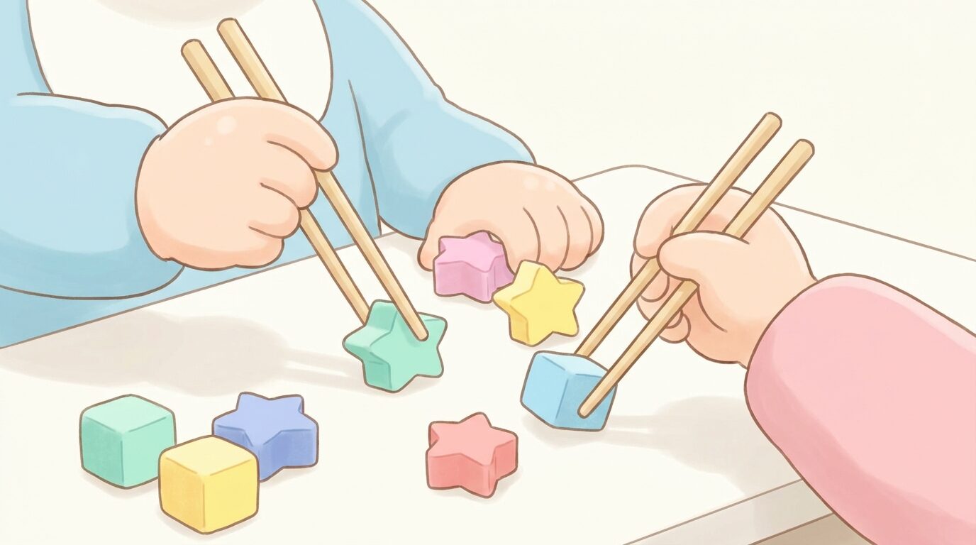 テーブルの上で小さなブロックやスポンジを子ども用のお箸でつまもうとしている幼児の手のアップ