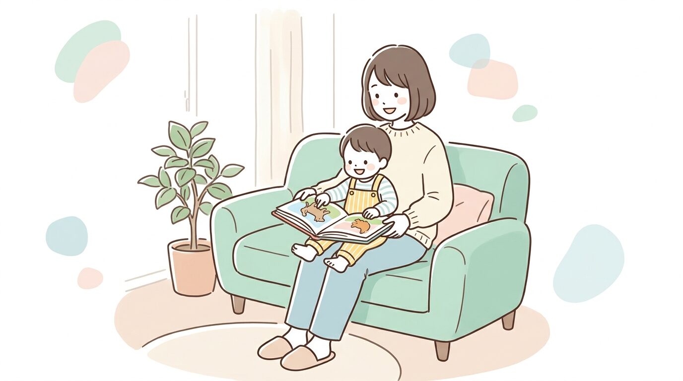 ソファに座って母親が2歳の子どもをひざに乗せ、絵本を一緒に開いて笑顔で読み聞かせをしている温かい家庭の様子