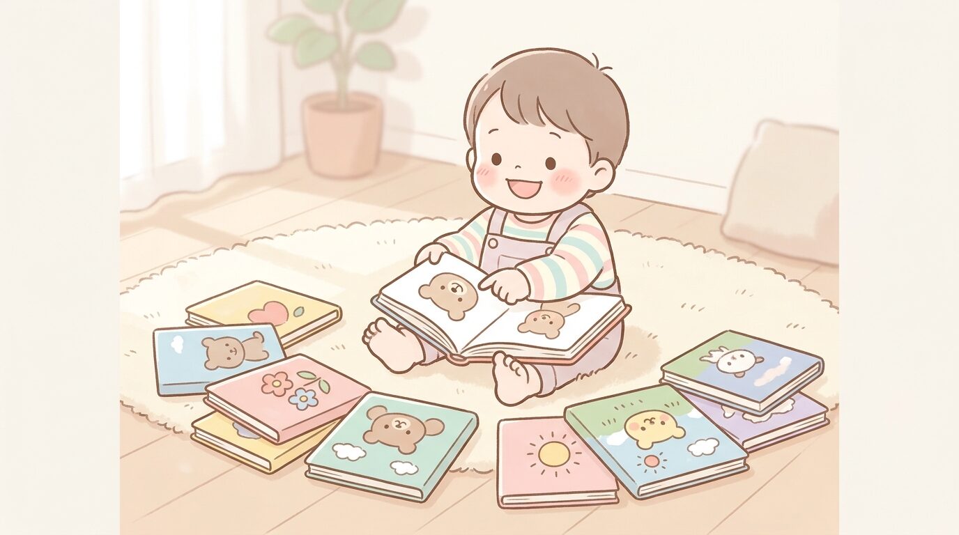 床に並べたたくさんのカラフルな絵本の前で、2歳くらいの子どもが一冊を手に取って嬉しそうにしている様子