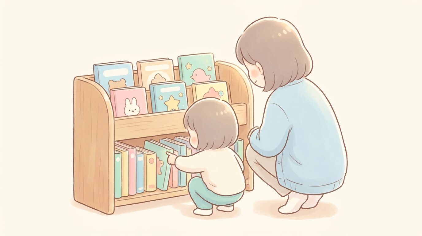 木製の本棚に並んだ定番の絵本を、しゃがんで選んでいる子どもと見守る親の後ろ姿