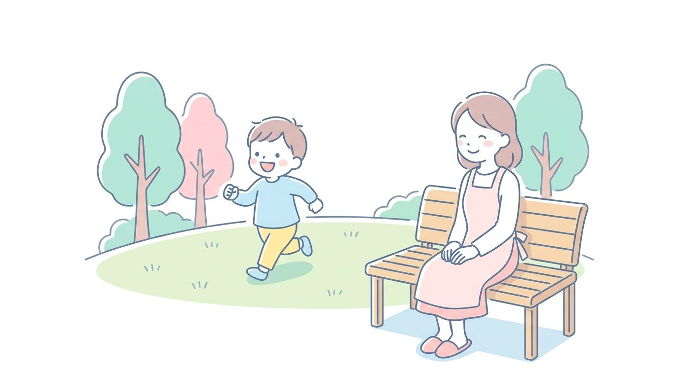 公園の芝生で笑顔で走り回る2歳くらいの男の子と、それを見守る母親