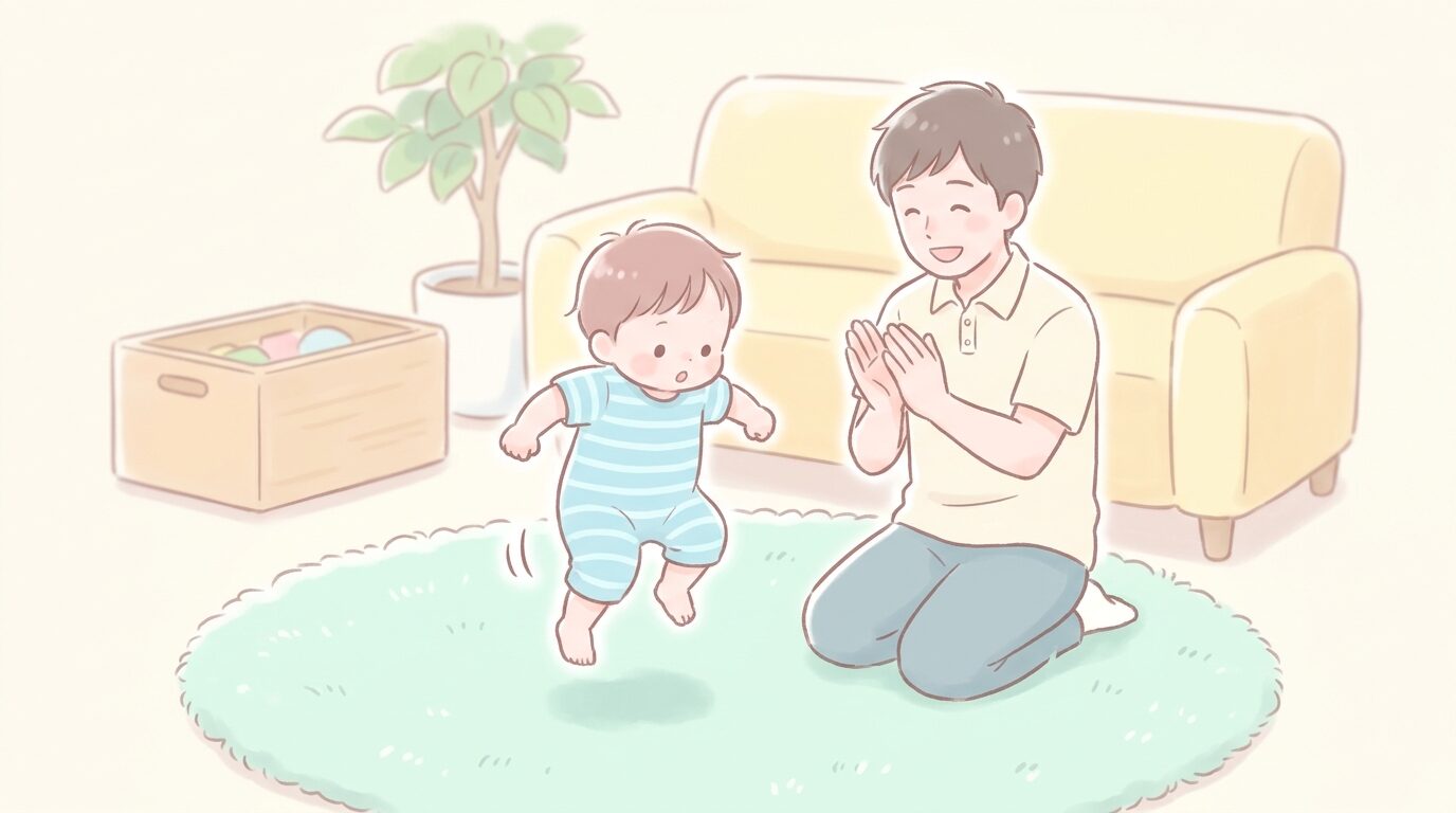 リビングで両足ジャンプに挑戦する2歳の子どもと拍手で応援する父親