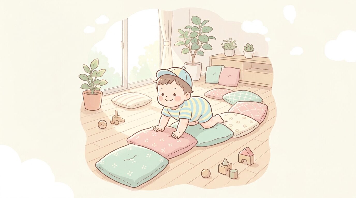 室内でクッションや座布団を並べた障害物コースを四つん這いで進む2歳児