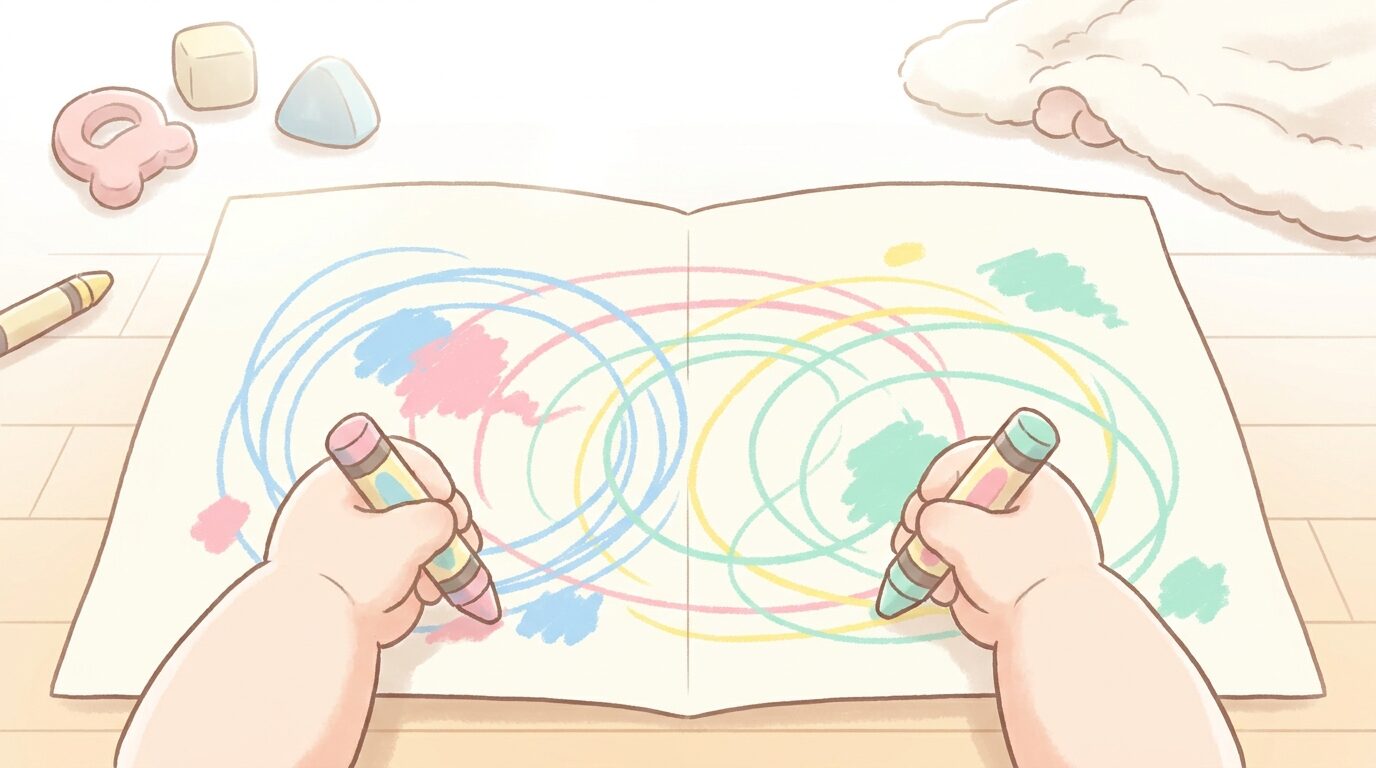 リビングの床に広げた大きな画用紙に、太いクレヨンでぐるぐると夢中で線を描く2歳くらいの子どもの手元