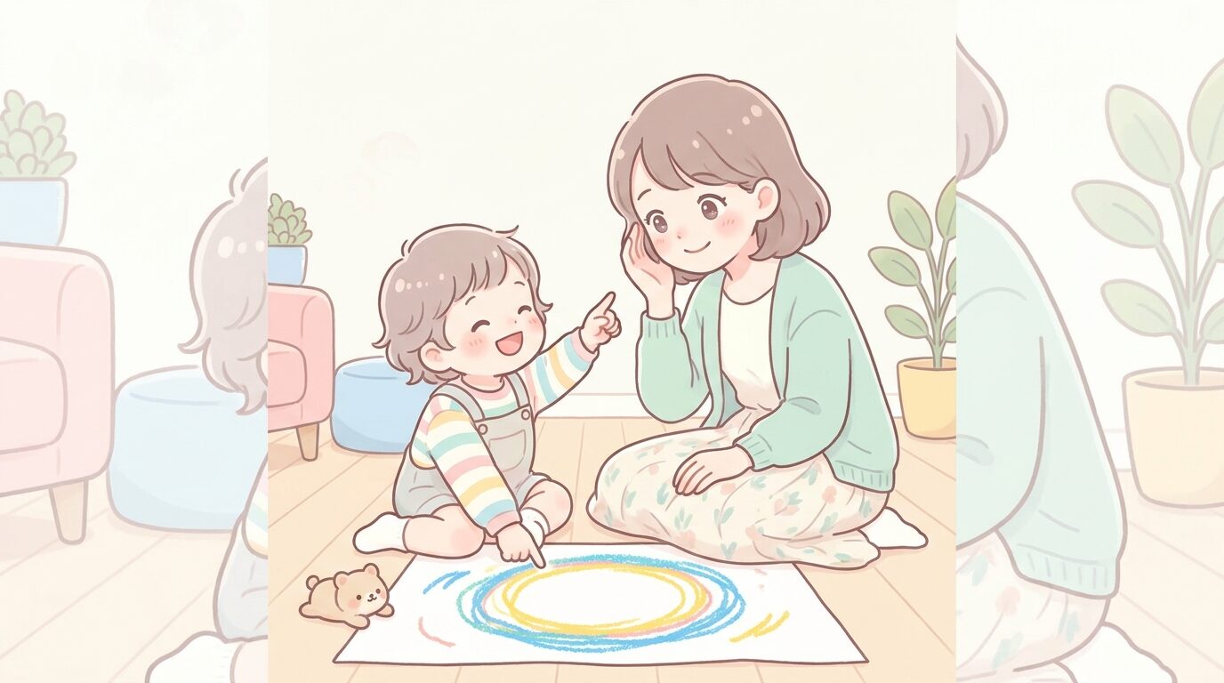 描いた丸い絵を指さして笑顔で何かを話す2歳児と、優しく耳を傾ける母親