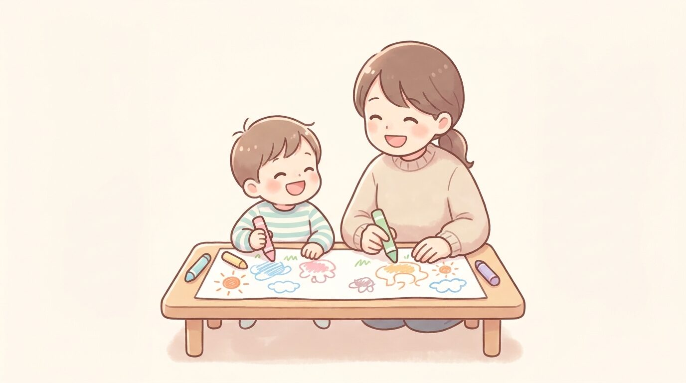テーブルで親子が並んでクレヨンを持ち、それぞれの紙に自由に絵を描いて笑い合っている温かい家庭の様子