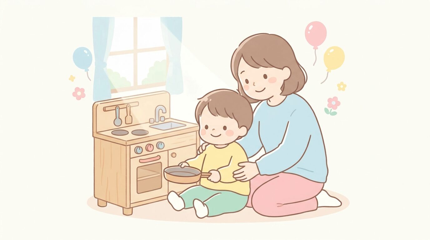 木製のおままごとキッチンの前で笑顔でフライパンを持つ2歳くらいの子どもと寄り添う母親