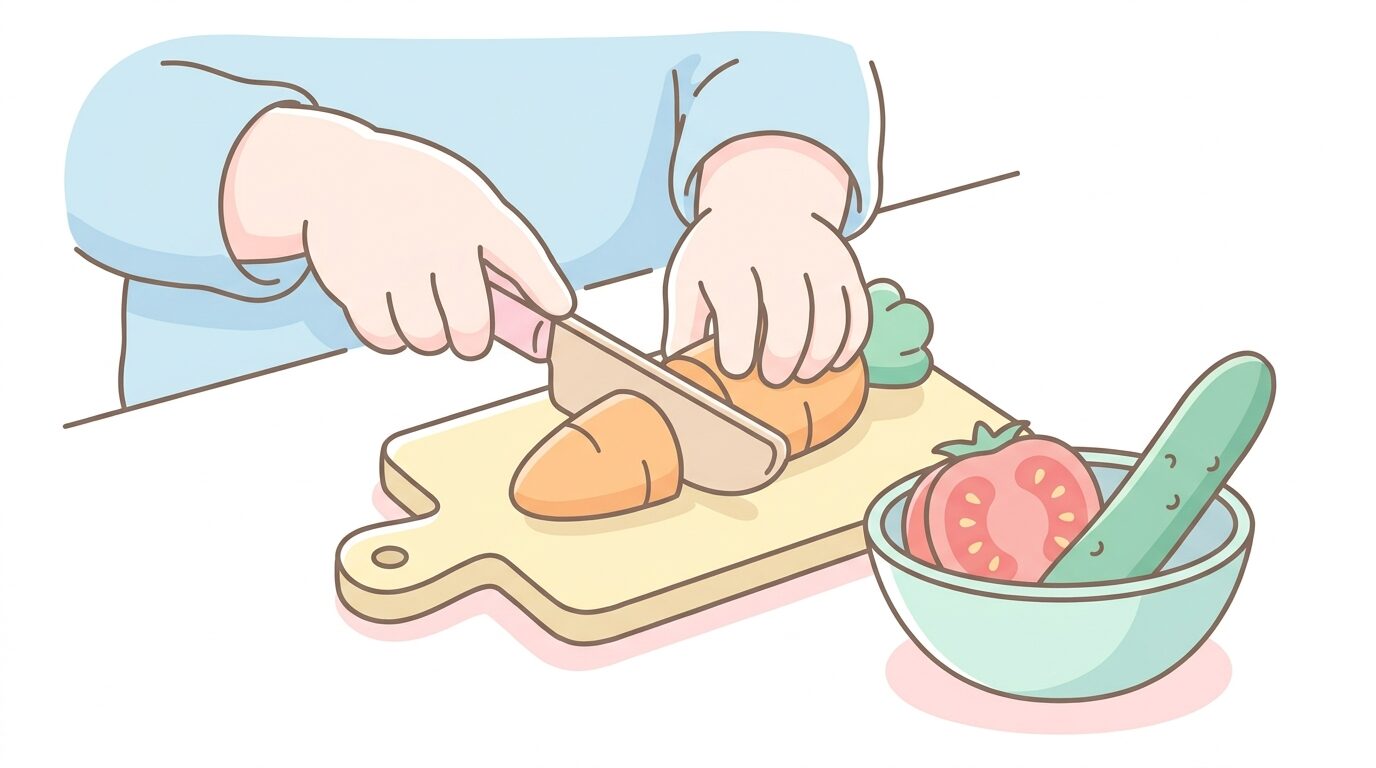 おもちゃの野菜を木のおもちゃの包丁で切る2歳児の小さな手元のアップ