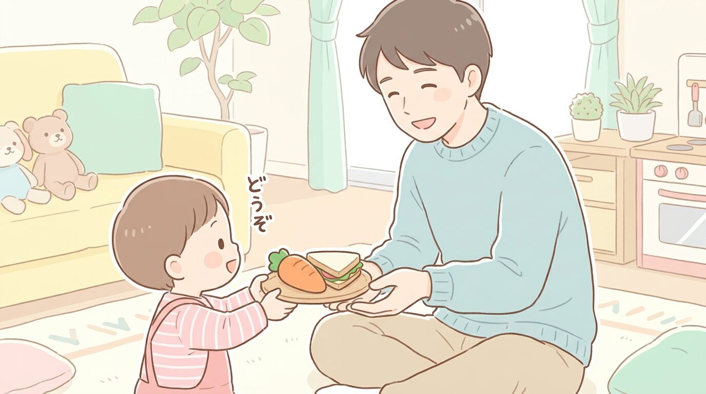リビングで子どもからおもちゃの料理を「どうぞ」と差し出され受け取る笑顔の父親