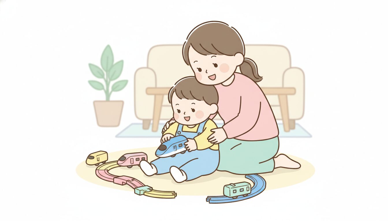 リビングの床に座ってプラレールの電車を手で転がして遊ぶ2歳くらいの子どもと寄り添う母親