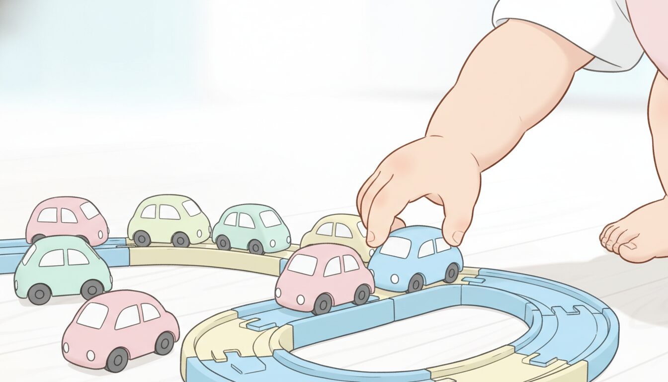 カラフルなトミカのミニカーを小さな手でつまんで床のコースに並べる幼児の手元のクローズアップ